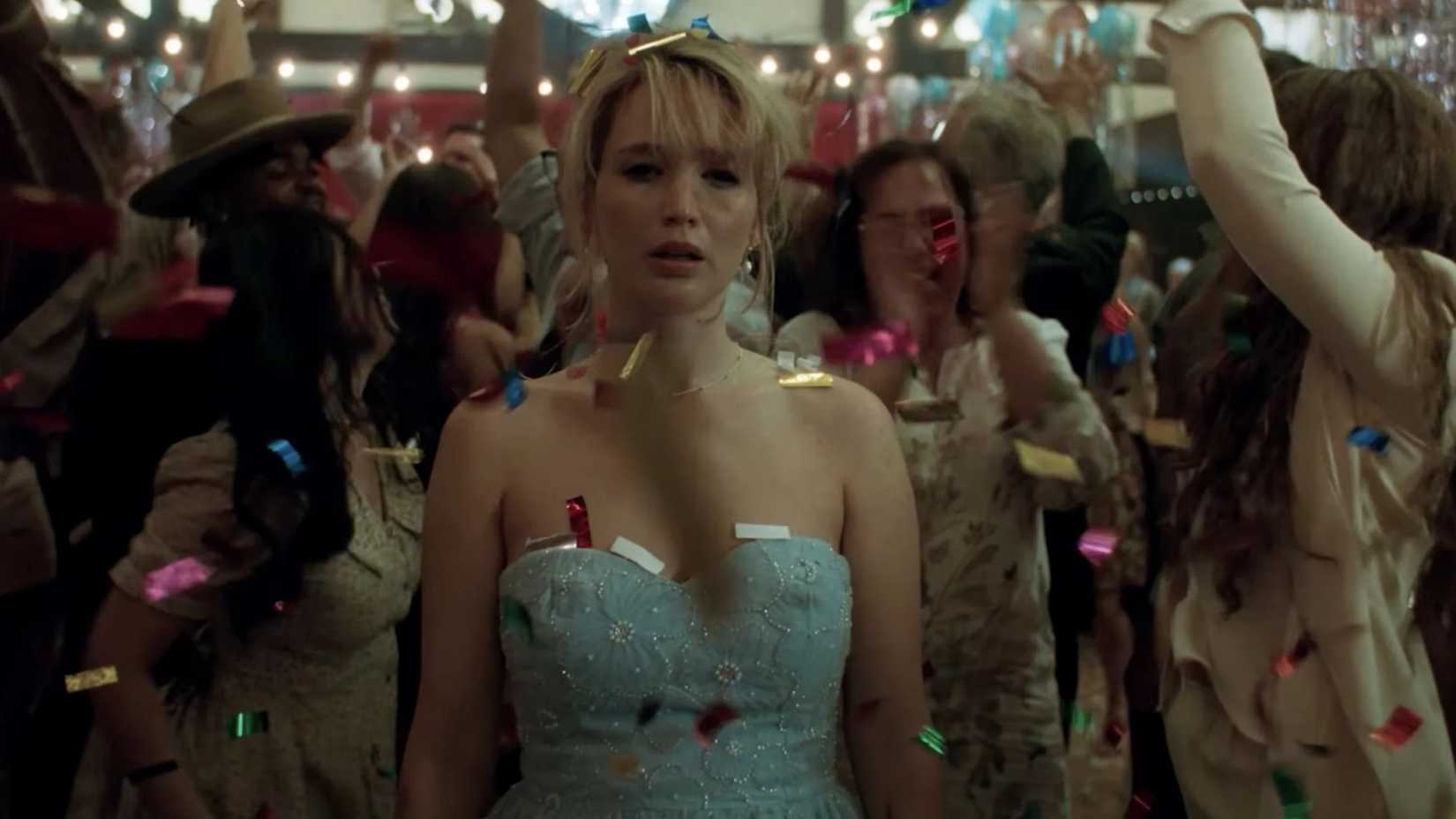 Jennifer Lawrence surrounded by confetti in Die My Love