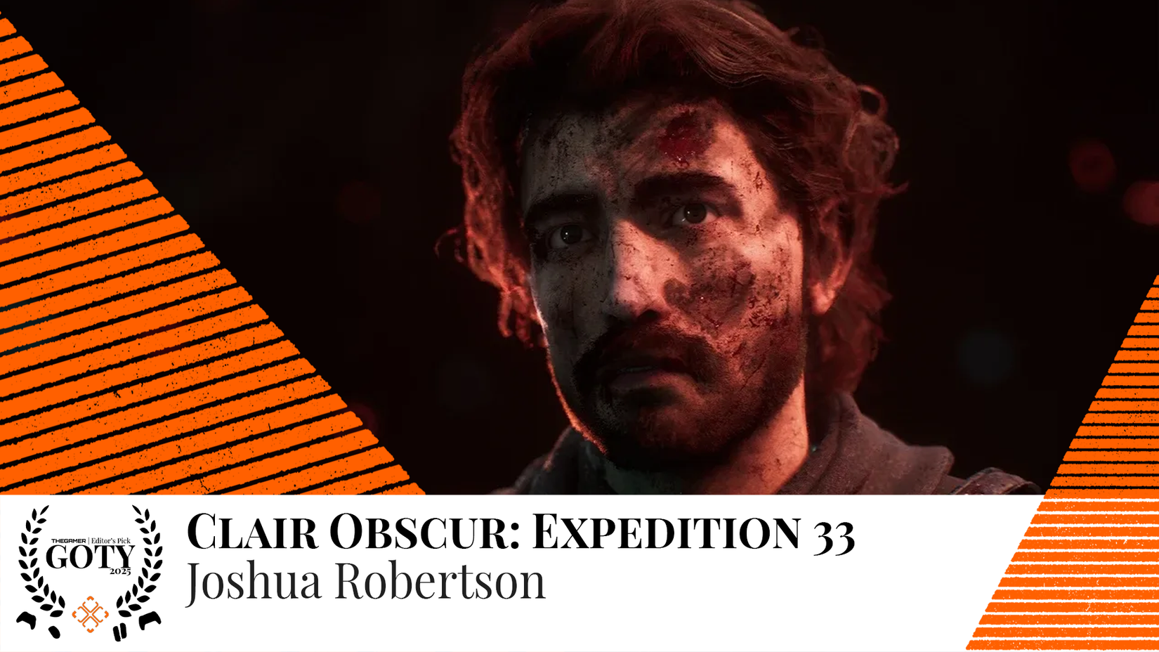 A bloody looking Gustave looking towards camera.