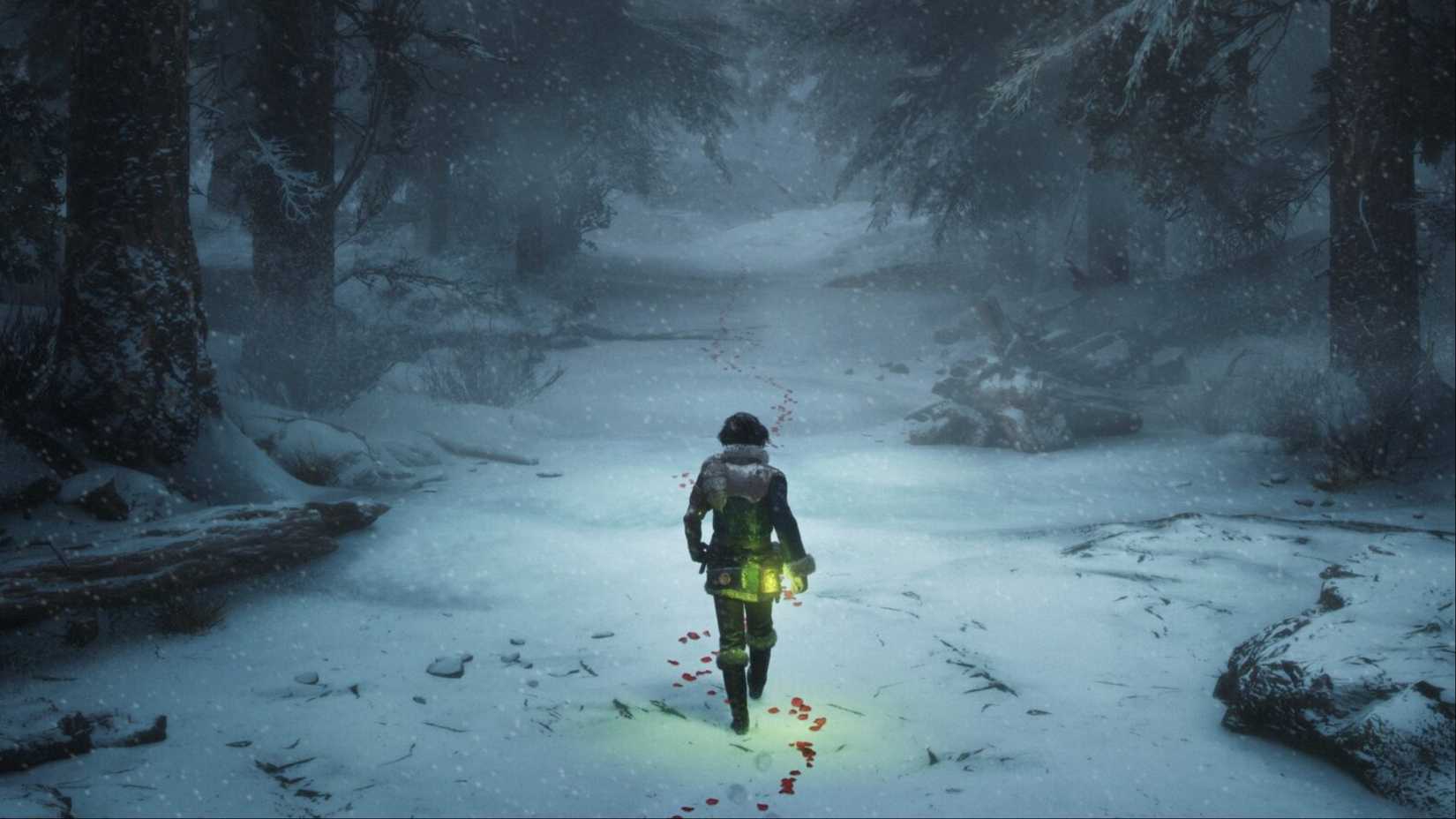 P's Lie: Pinocchio walks through a snowy forest following a path of rose petals in the overture.