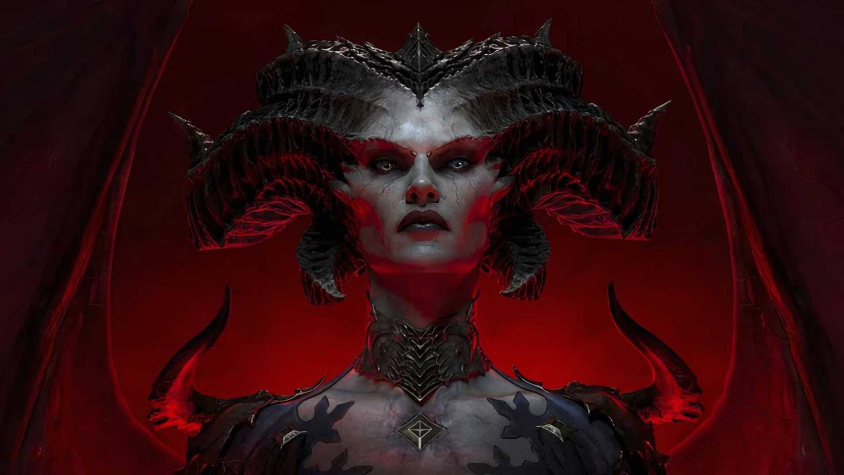 Lilith from Diablo 4 against a red background.