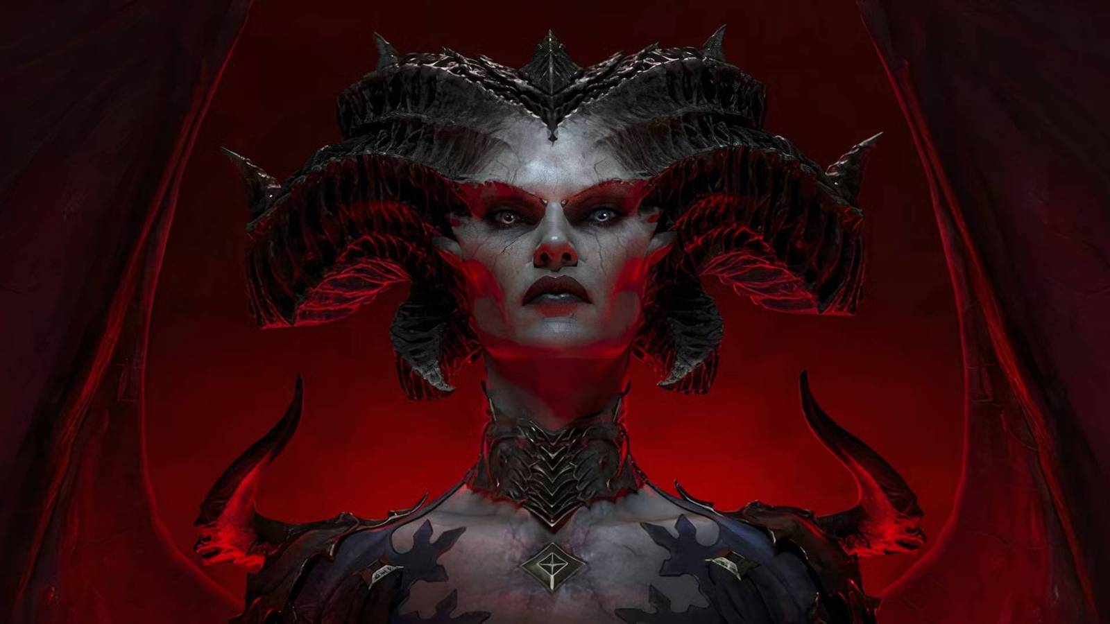 Lilith from Diablo 4 against a red background.