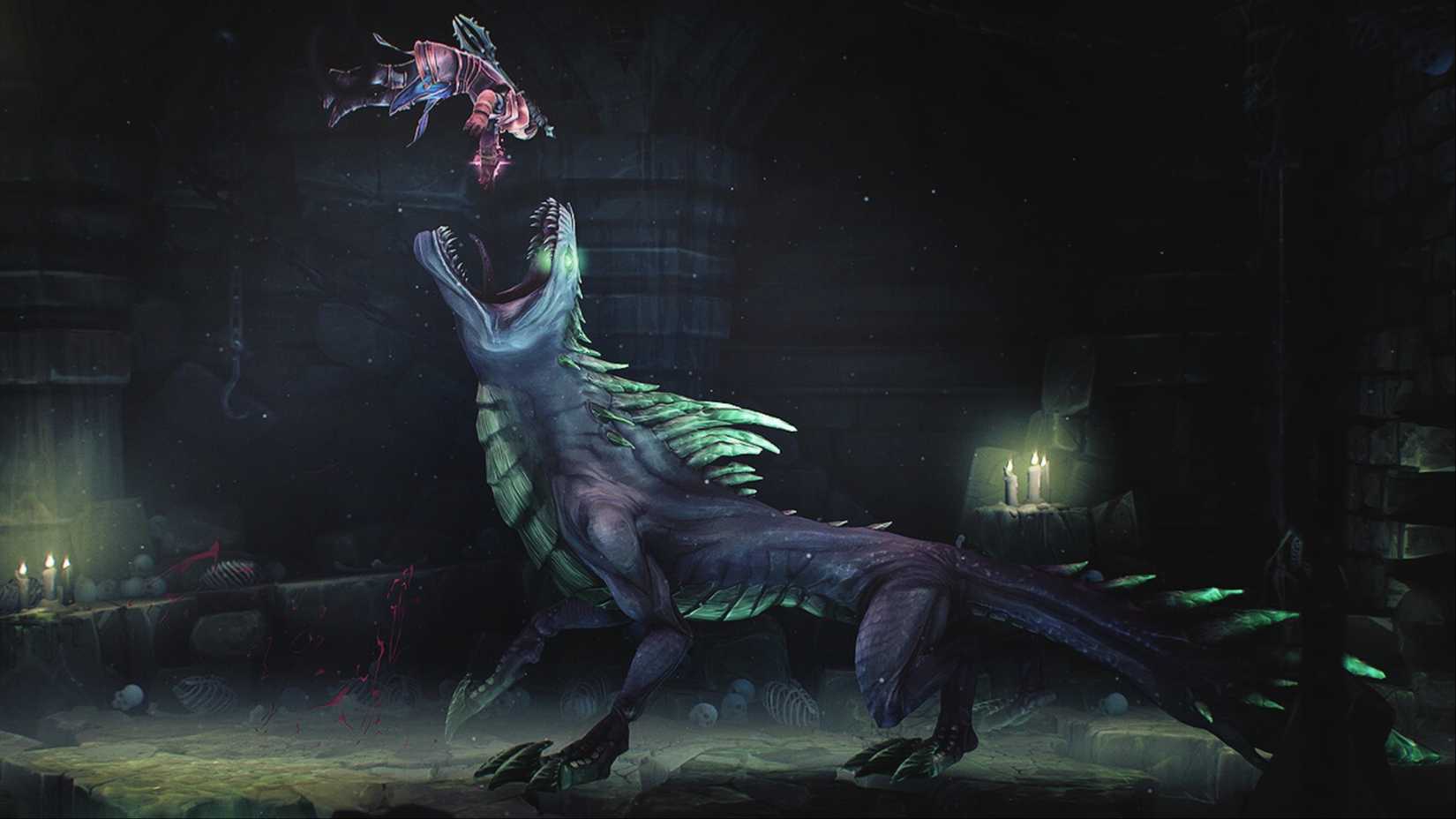 The Inquisitor being swallowed hole by the Chthonic Stalker in Mandragora: Whispers of the Witch Tree.