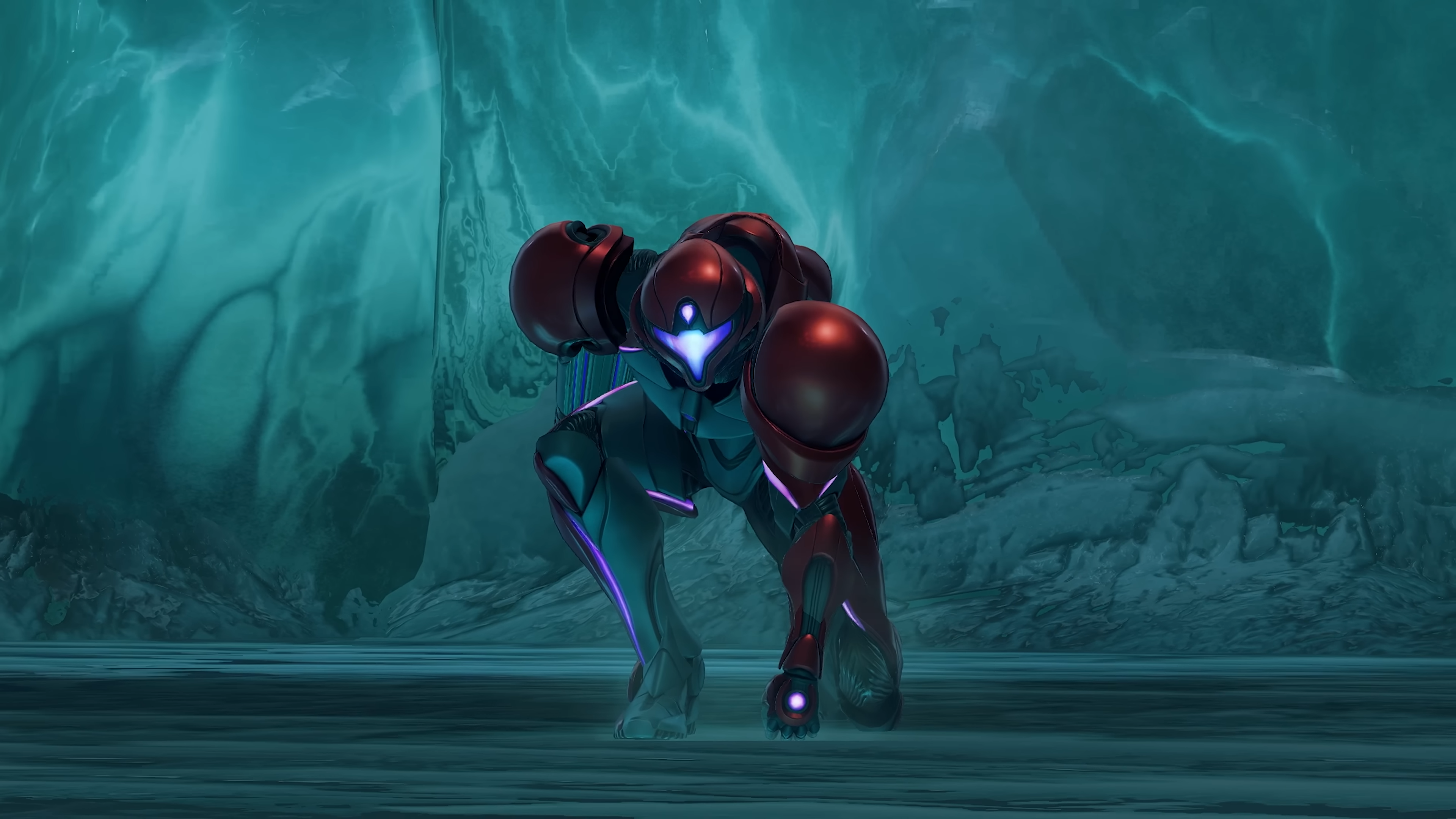 Samus crouched down with her fist on the floor in metroid prime 4.