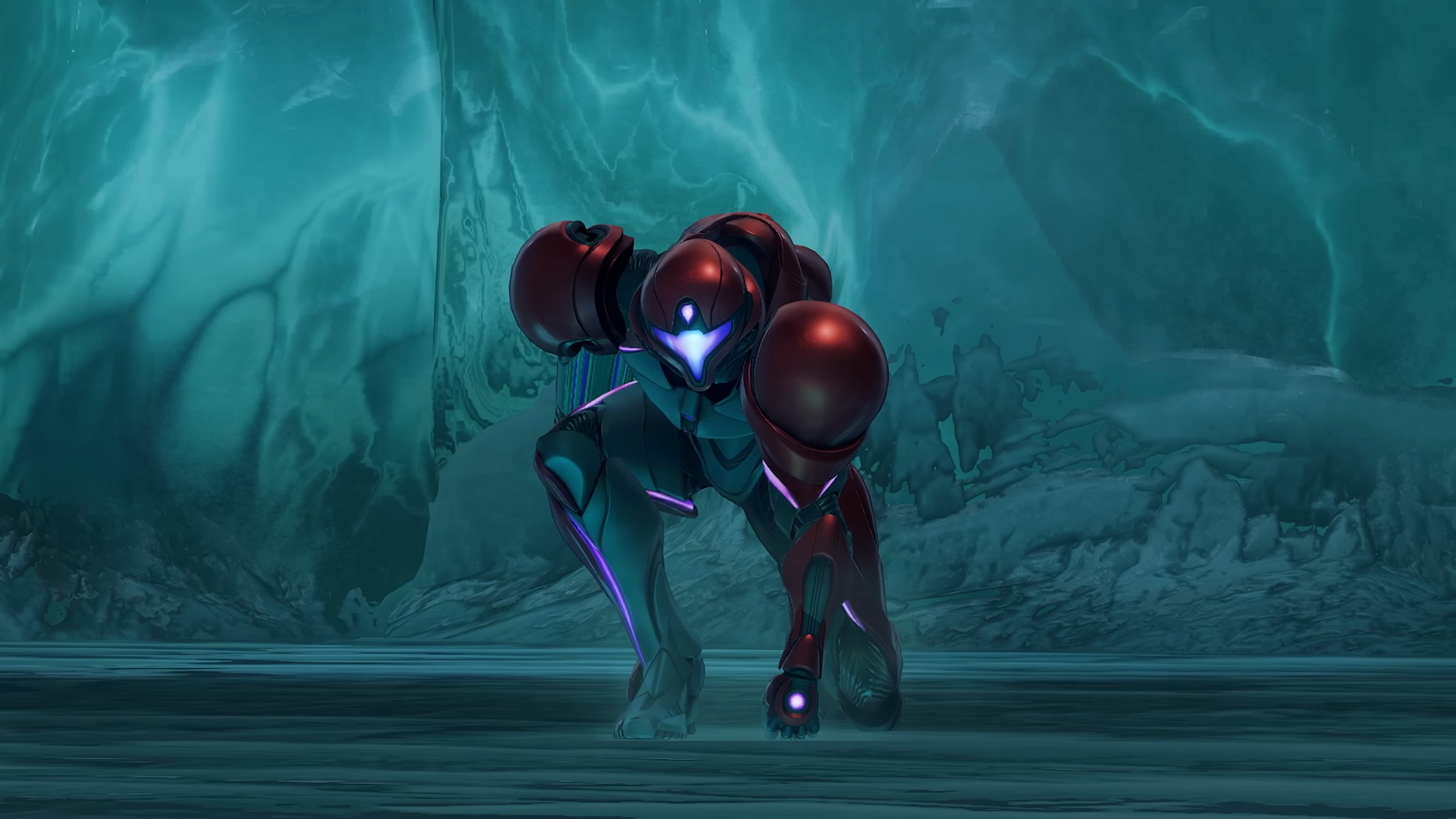 Samus crouched with her fist on the floor in metroid prime 4.