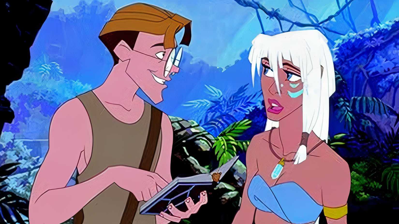 Milo and Kida stood side by side in the jungle of Atlantis The Lost Empire. Milo is holding a book. 