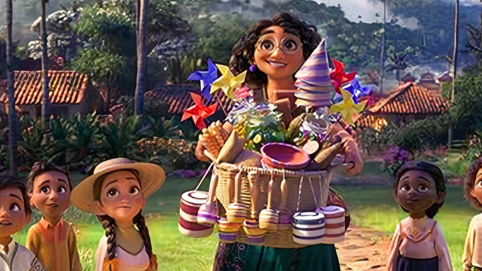 Mirabel with a packed picnic basket and children next to her in Encanto.