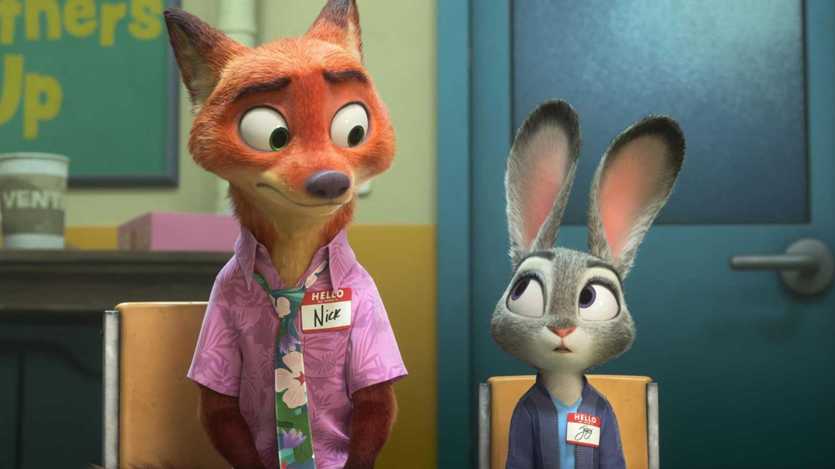 Nick and Joy look at each other awkwardly in Zootopia 2.