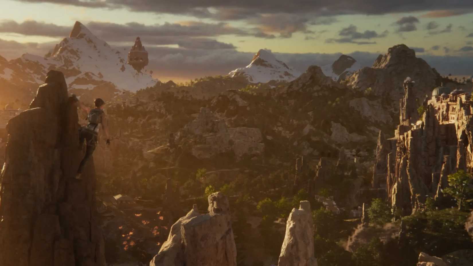 Lara Croft climbs a cliff overlooking an ancient city in Tomb Raider: Catalyst. 