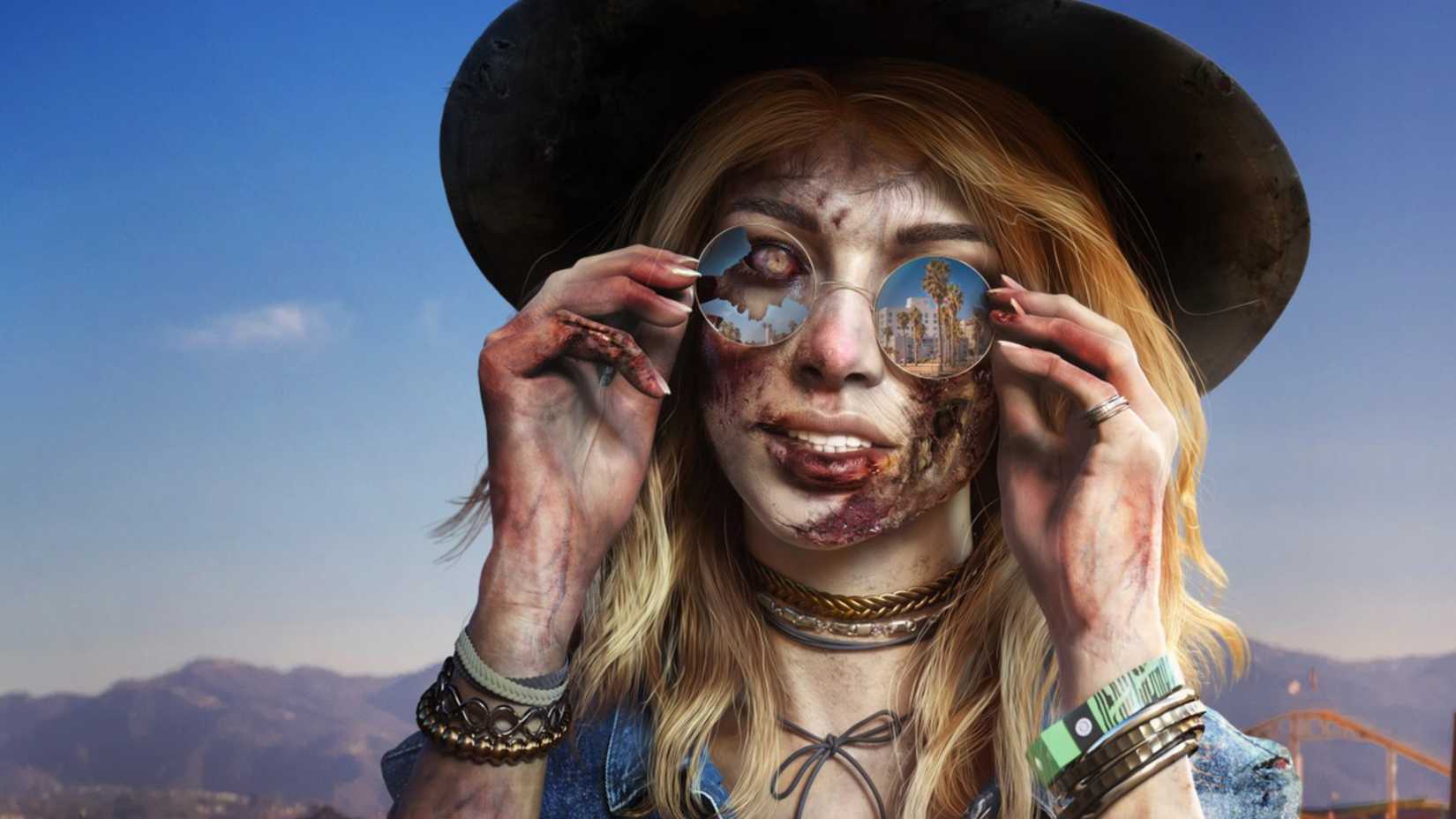 close up of a zombie wearing broken glasses in dead island 2.