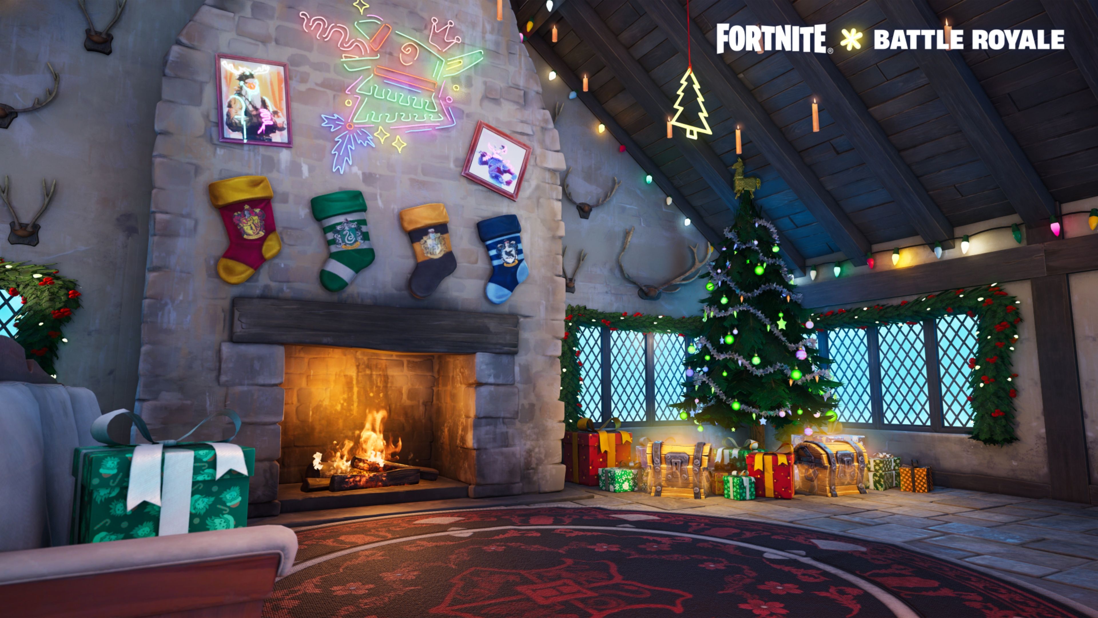 fortnite winterfest tree fireplace and presents.