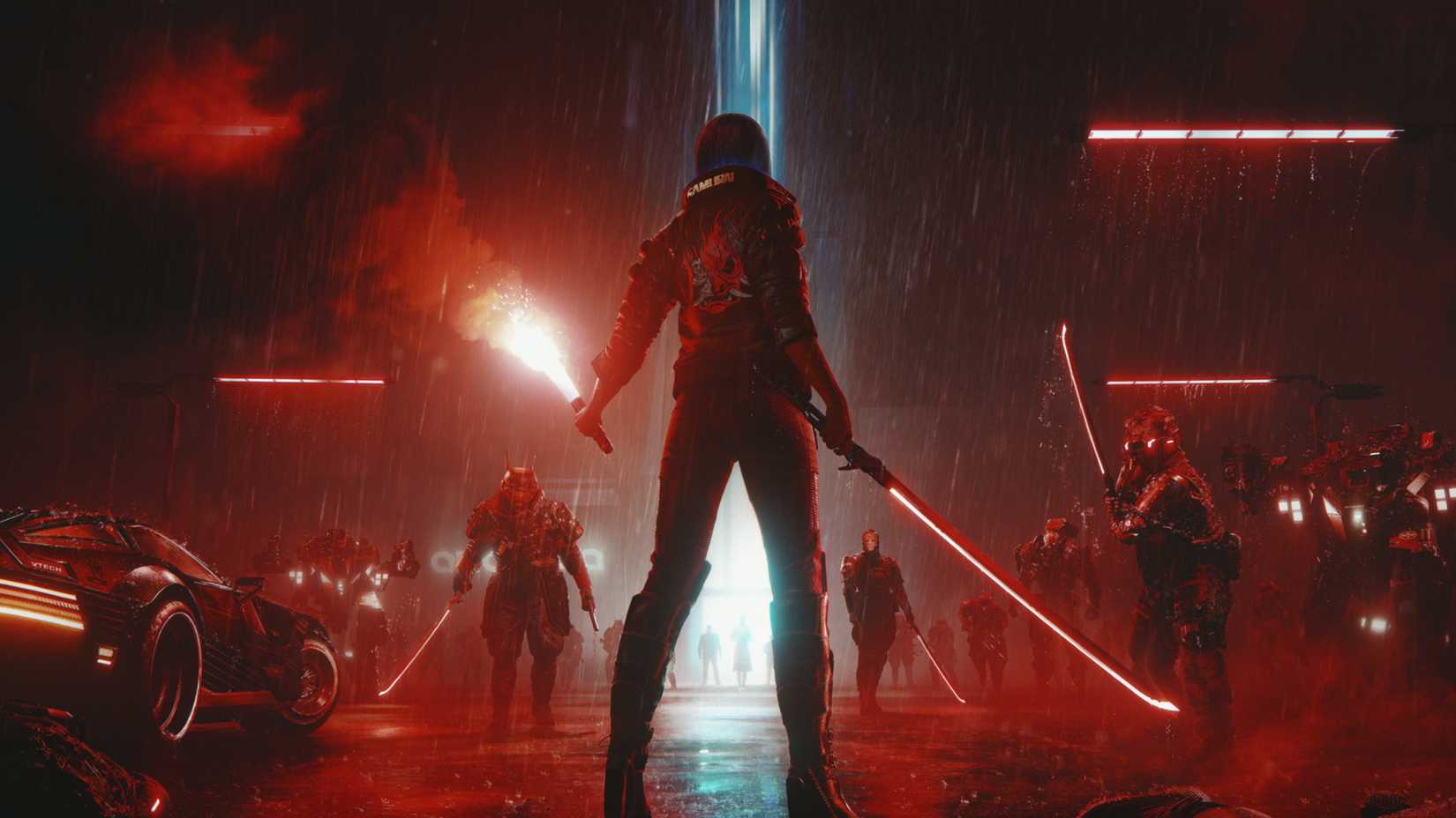 v holding a sword and a red flare in cyberpunk 2077.