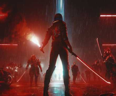 v holding a sword and a red flare in cyberpunk 2077.