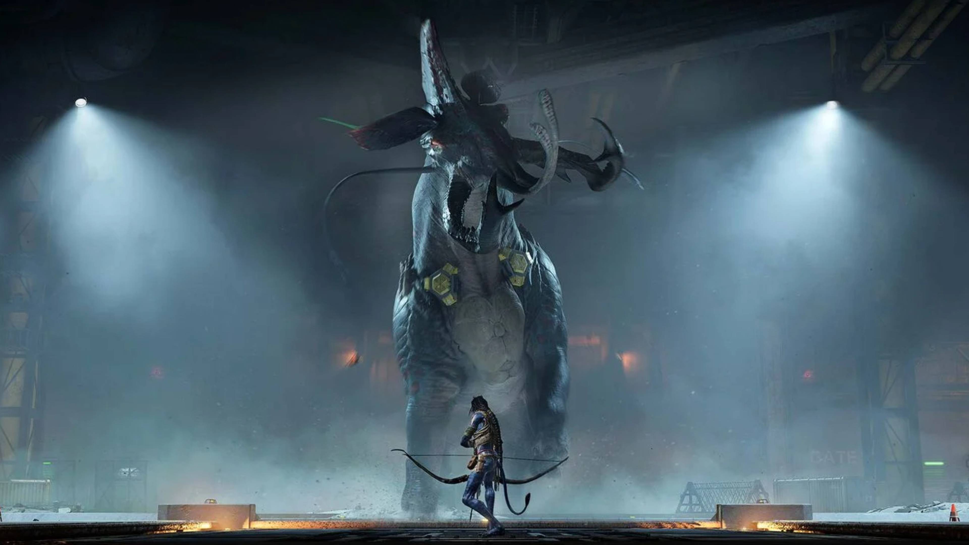 avatar character using a bow and arrow against a monster in frontiers of pandora.