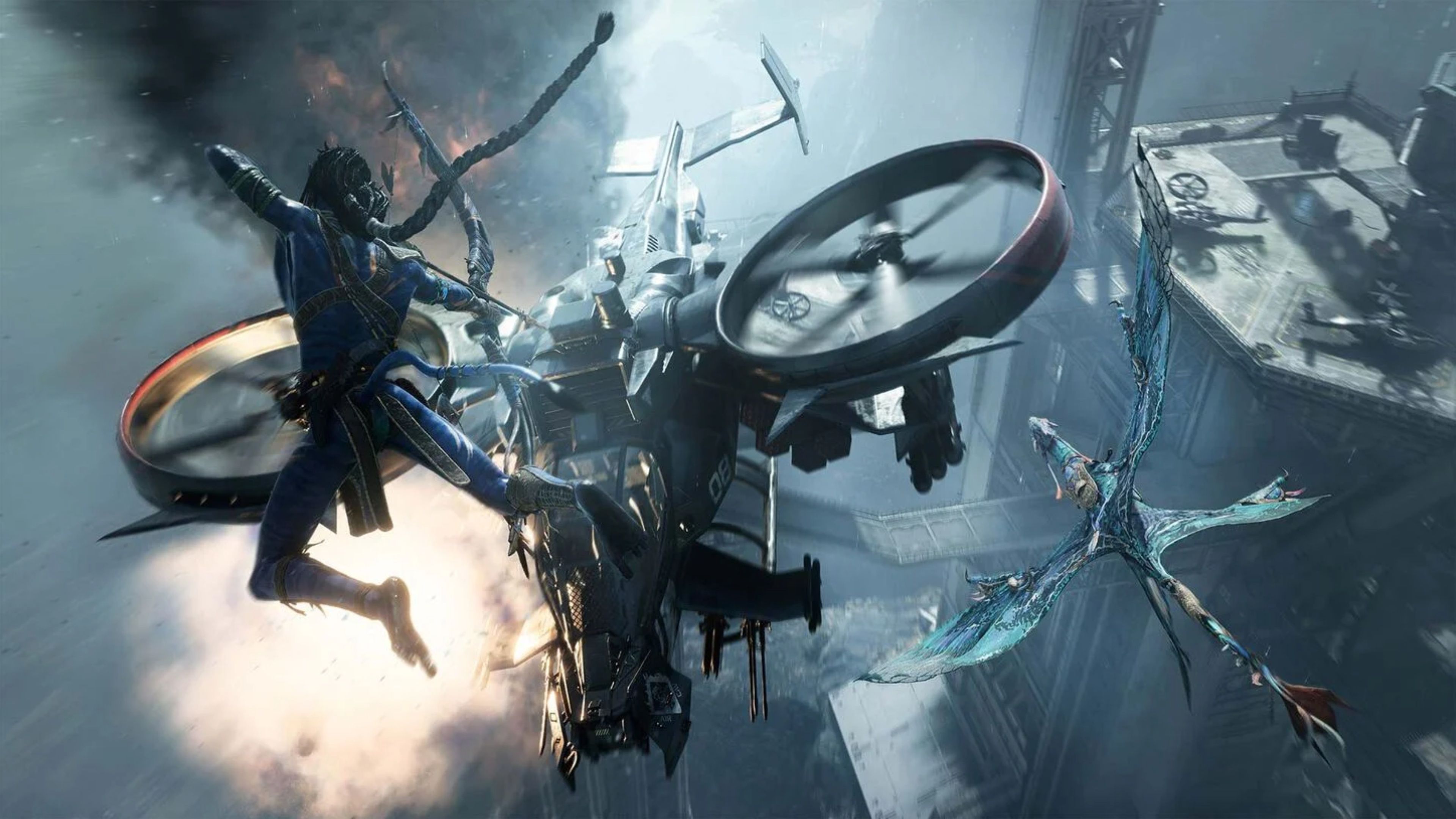 avatar character fighting against a helicopter.