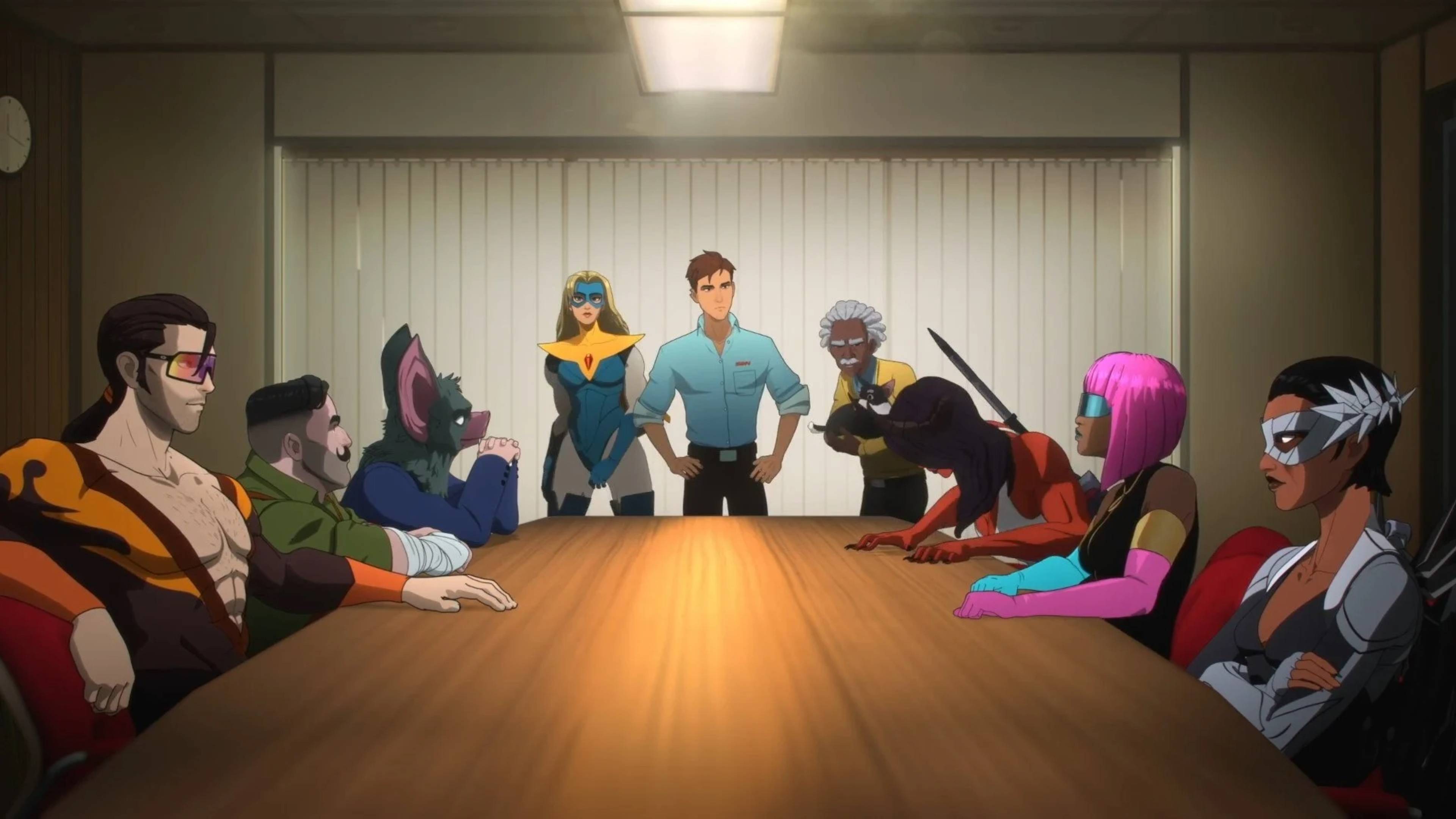 dispatch characters sitting and standing around a table.