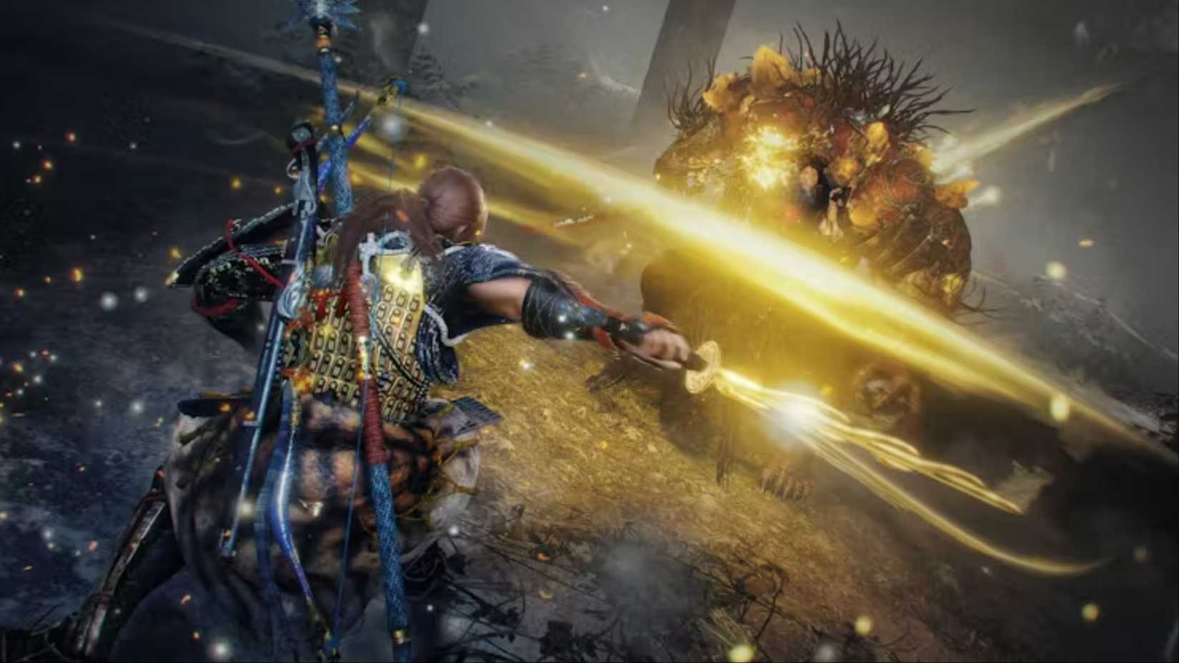 Hide delivering a devastating slash on a yokai in Nioh 2.