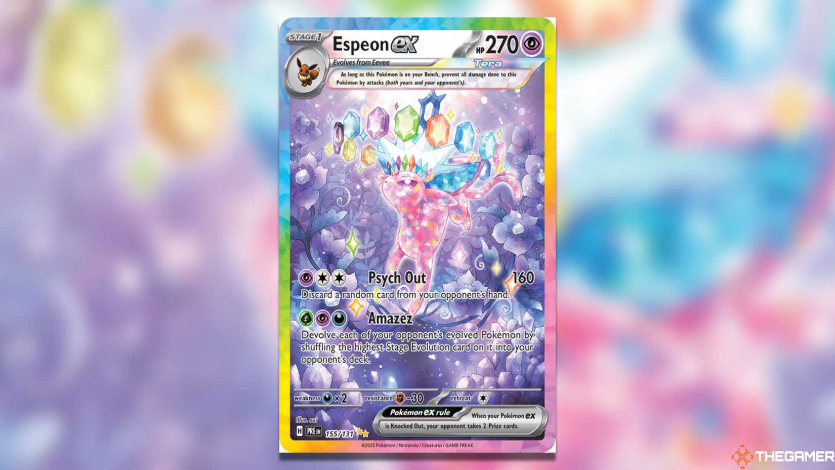 The Prismatic Evolutions Espeon ex SIR from the Pokemon TCG.
