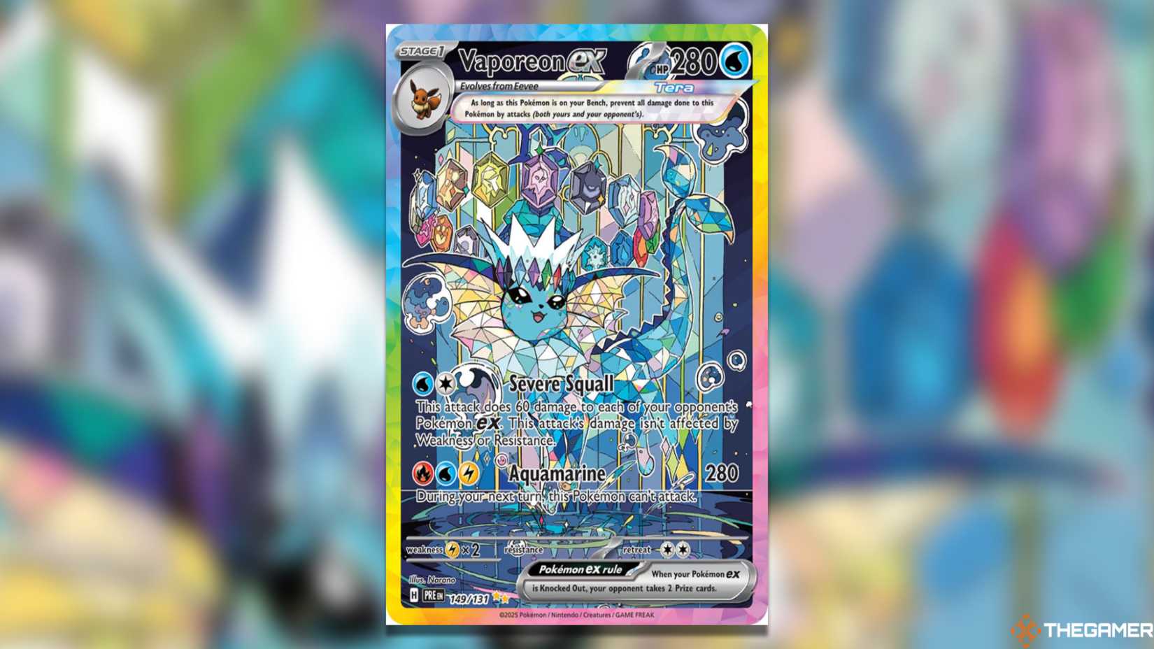 The Prismatic Evolutions Vaporeon ex SIR from the Pokemon TCG.