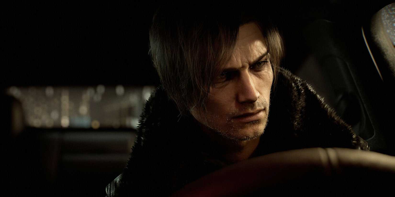 Leon sitting in a car in Resident Evil Requiem.