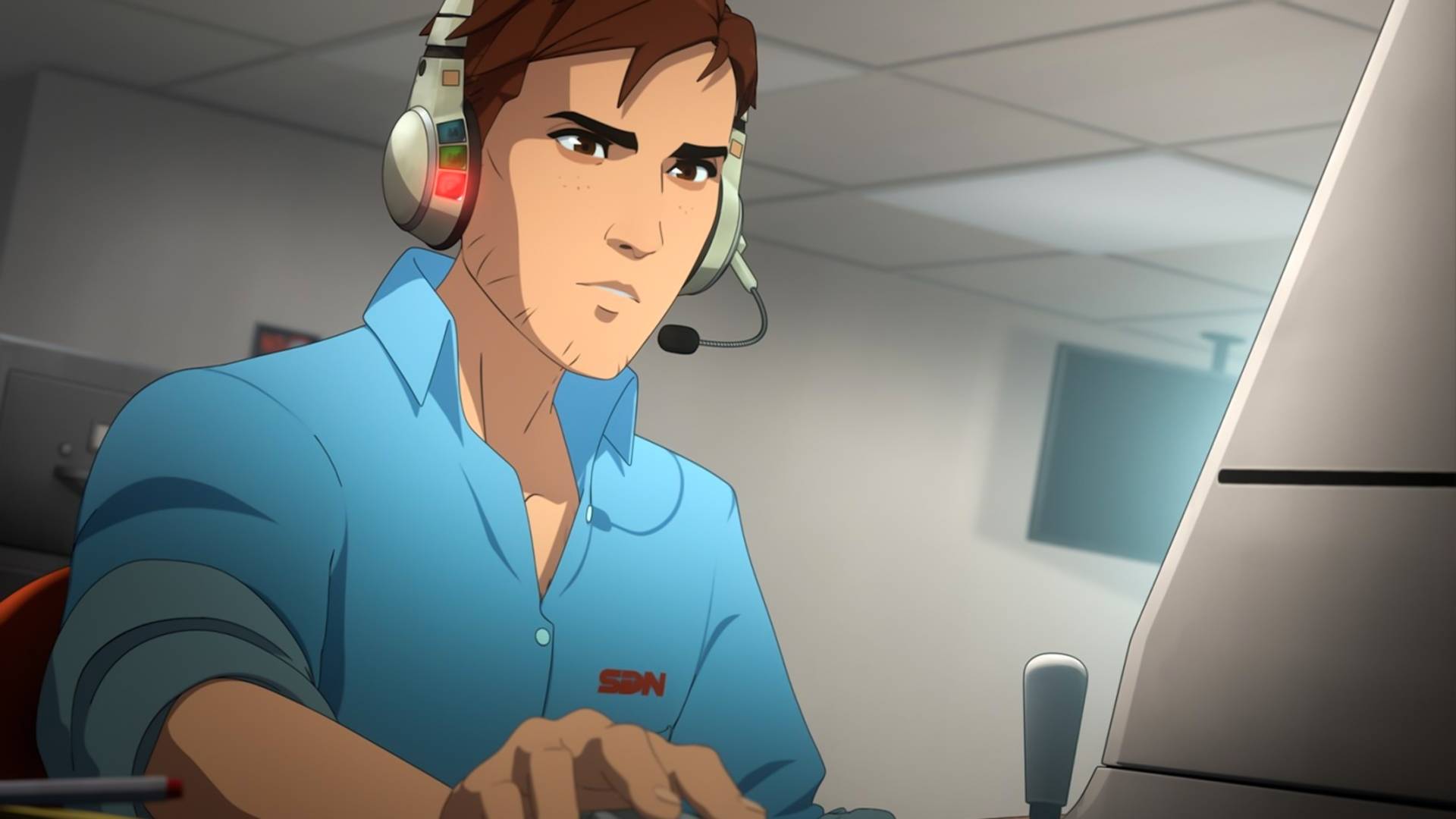 Robert sitting at his SDN computer in Dispatch.