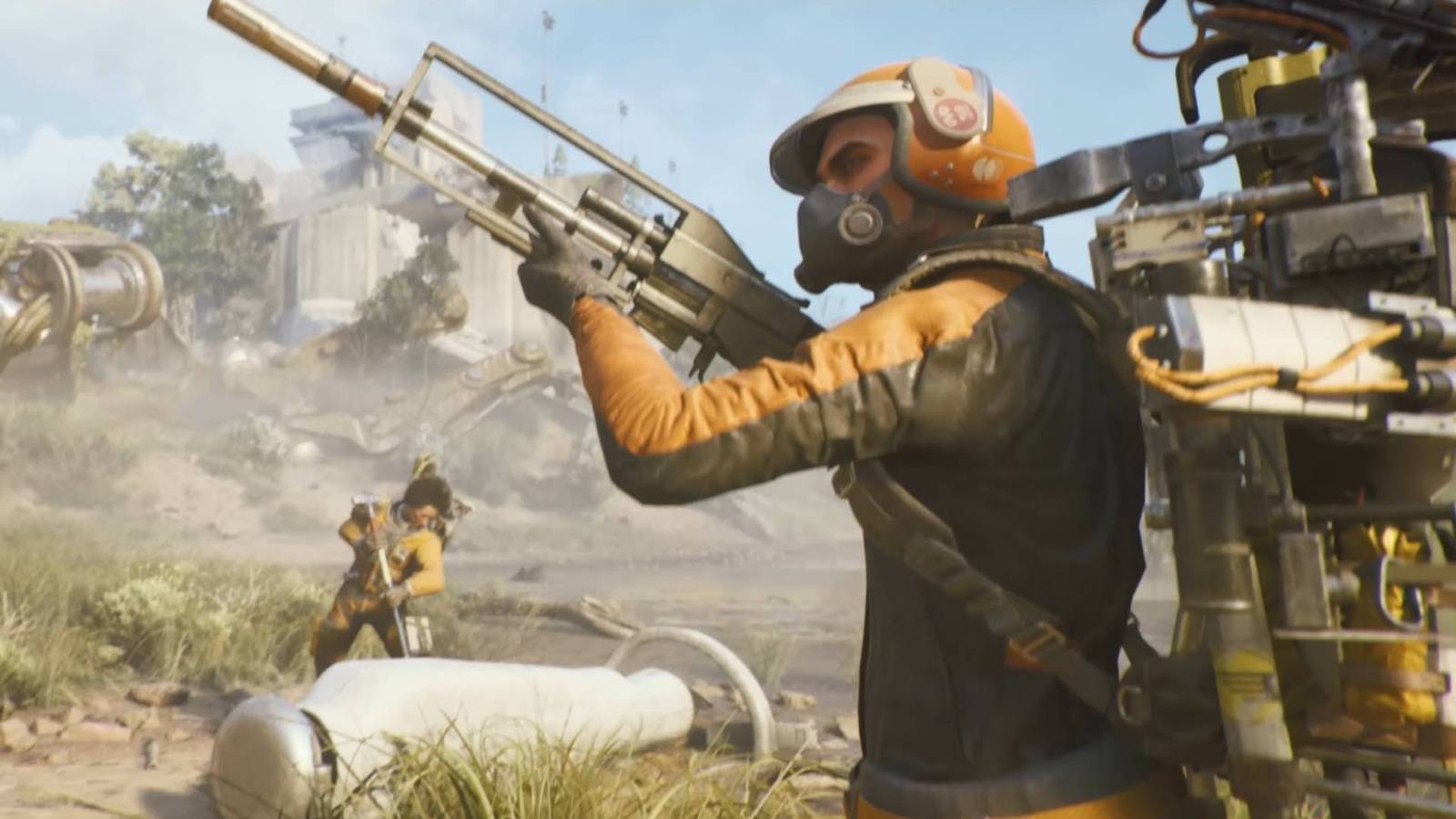 A raider opening a supply drop while another keeps watch in Arc Raiders.