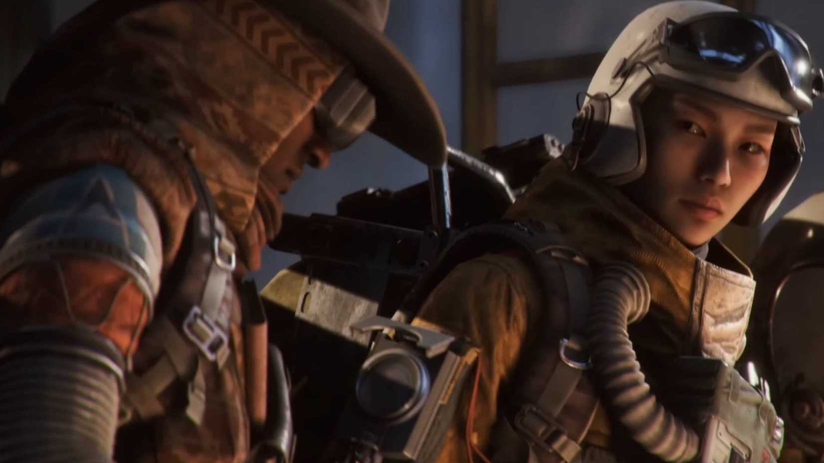 A raider in a helmet looking at another in a hat in Arc Raiders.