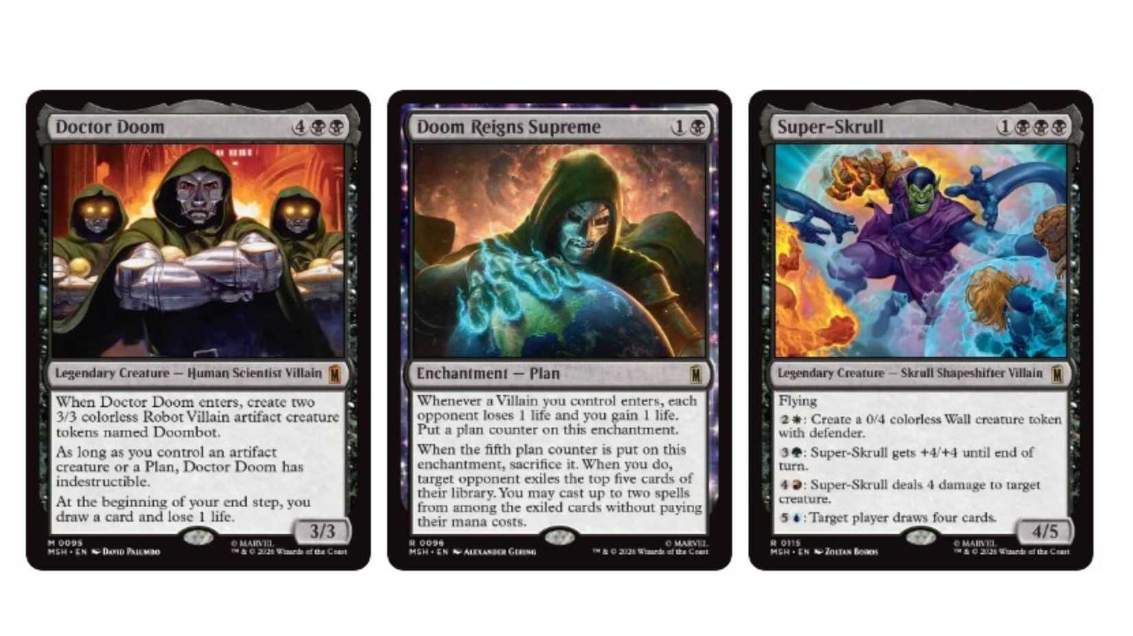 Magic: The Gathering cards featuring Doctor Doom, Doom Reigns Supreme, and Super Skrull.