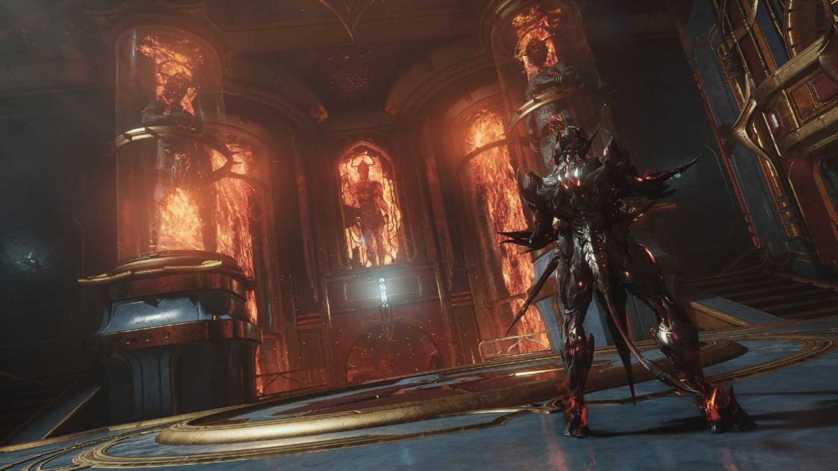 A Warframe character looking at fire statues.