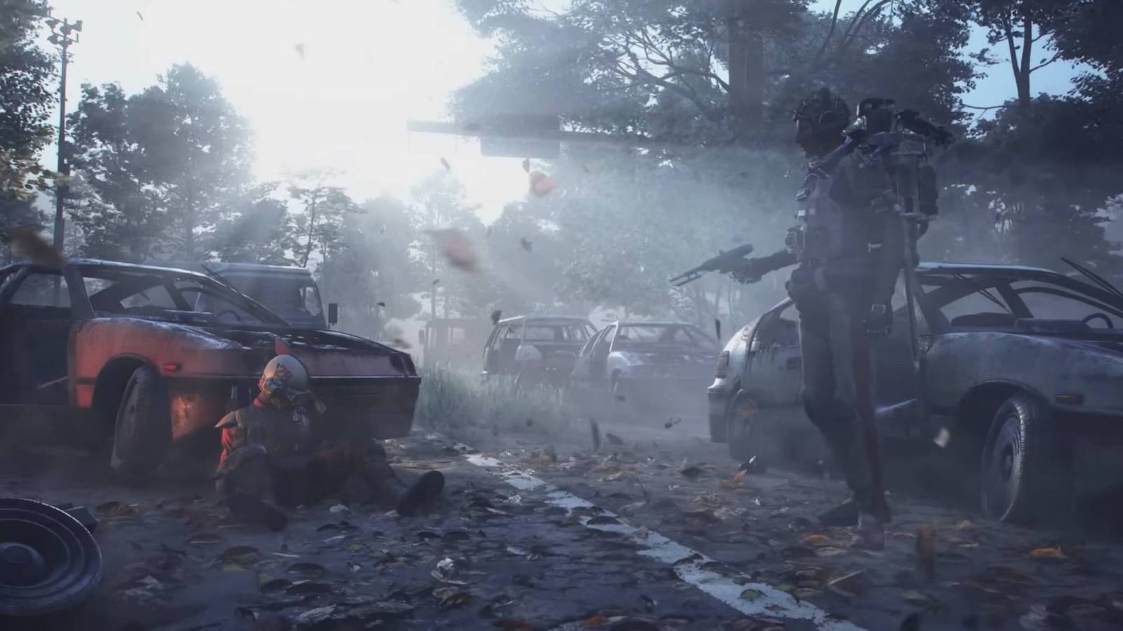 A standing raider pointing a gun at a downed one in Arc Raiders.