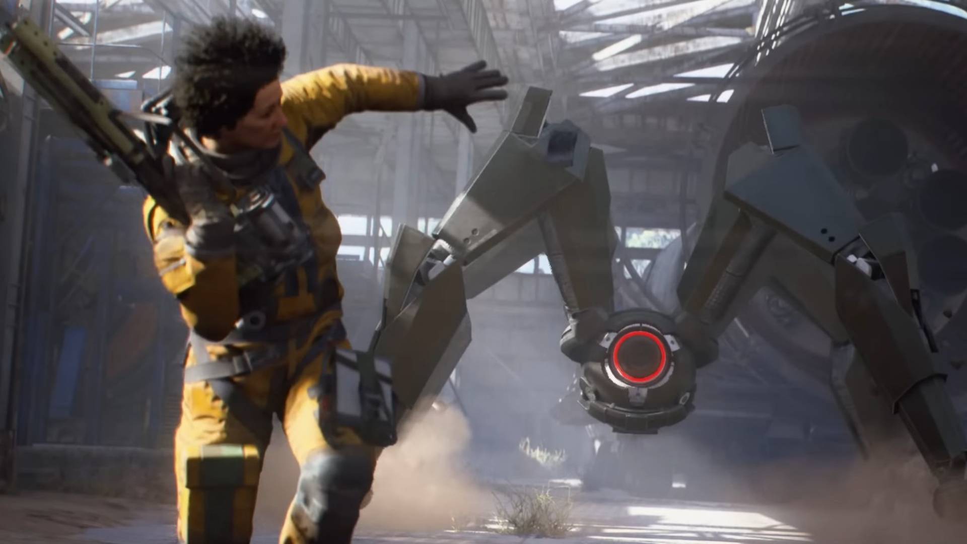 A raider runniong from a leaper Arc in Arc Raiders.