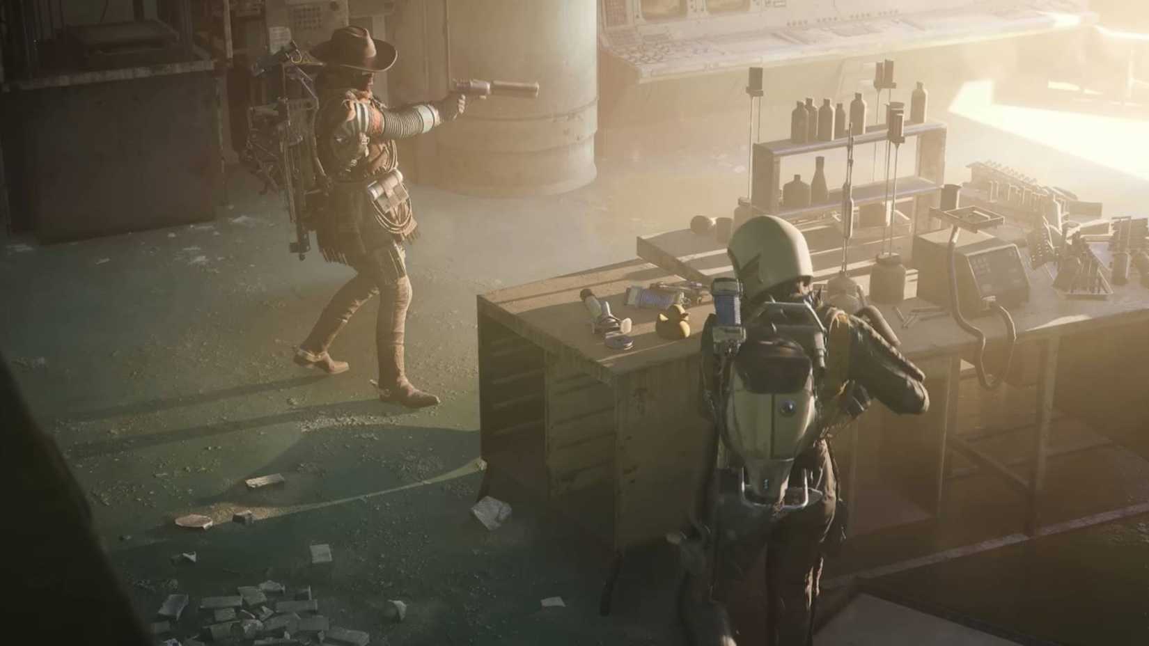 A raider loots a store while another stands guard in Arc Raiders.