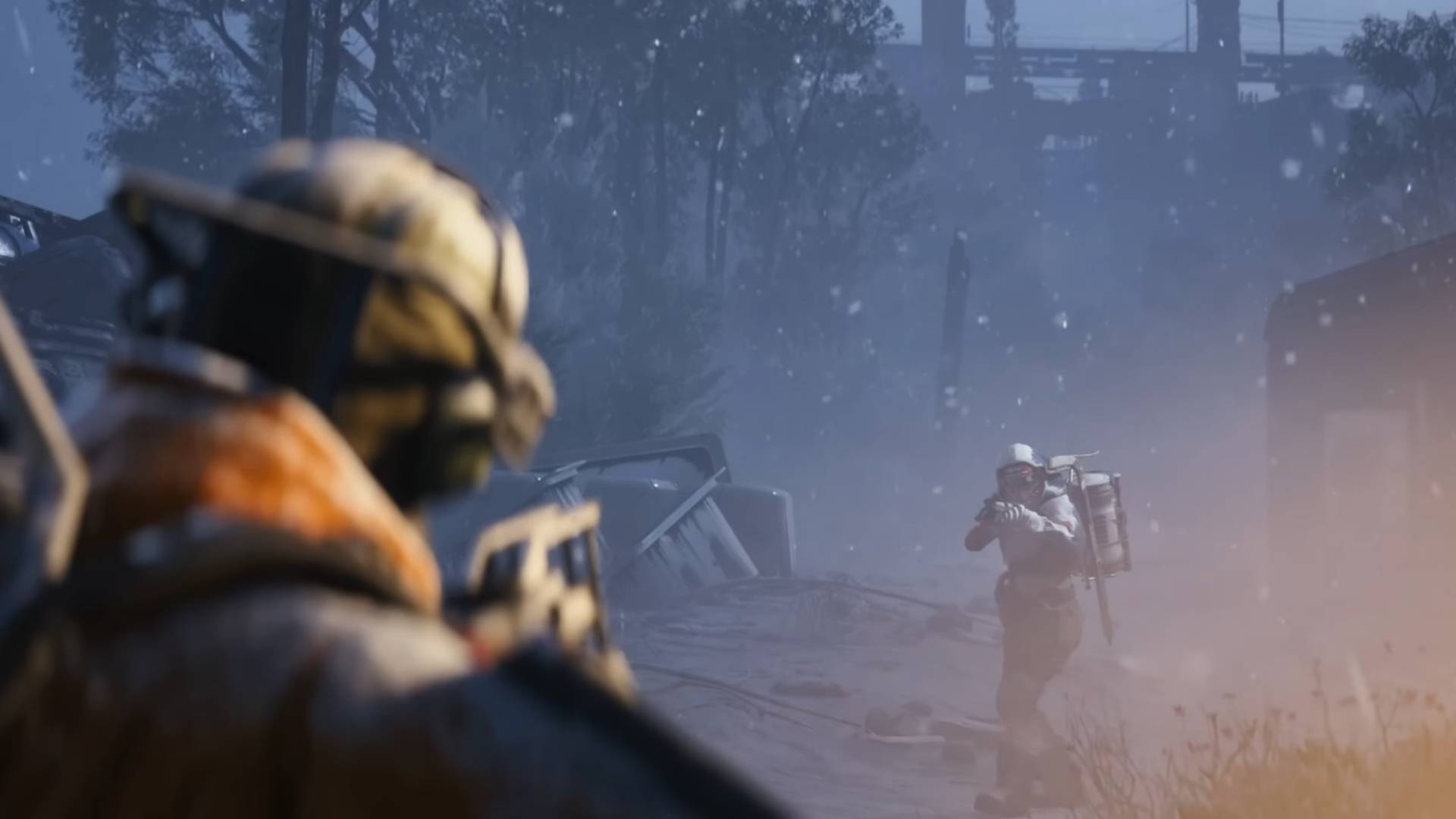 Two raiders in a standoff in the snow in Arc Raiders.