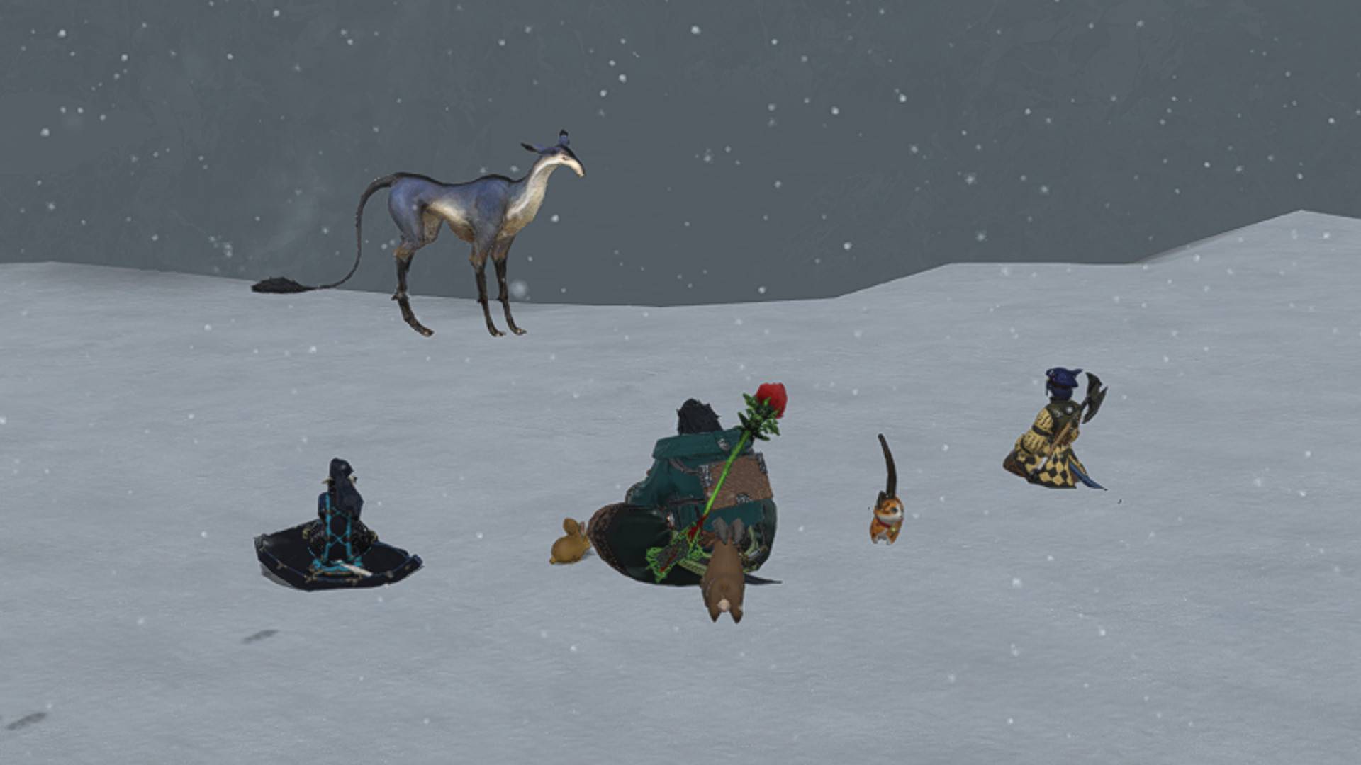 Several FF14 players sat around a single doe