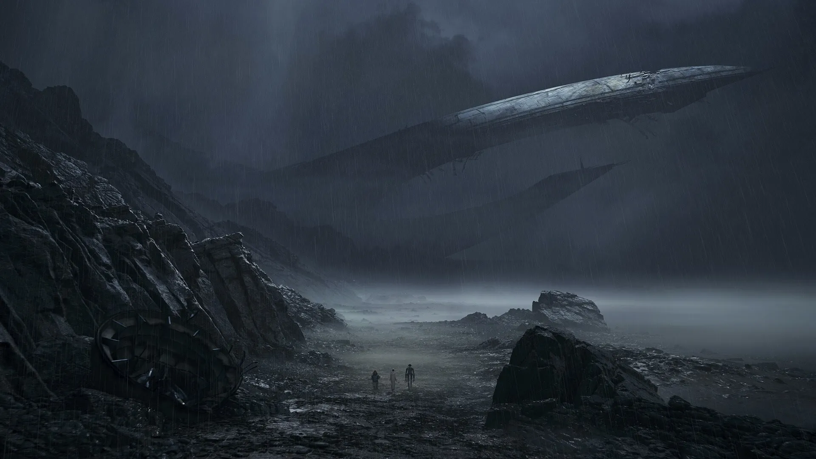 Three characters approach a fallen ship in Star Wars: Fate of the Old Republic.