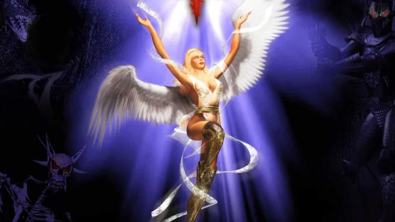 The artwork for Divine Divinity, showing a scantly clad female angel ascending with her arms stretched out. Evil looking monsters can bee seen in the shadows behind her.
