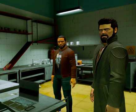 The Boys VR game Butcher and Mother's Milk standing in a kitchen with a laptop on the counter, looking at the camera.
