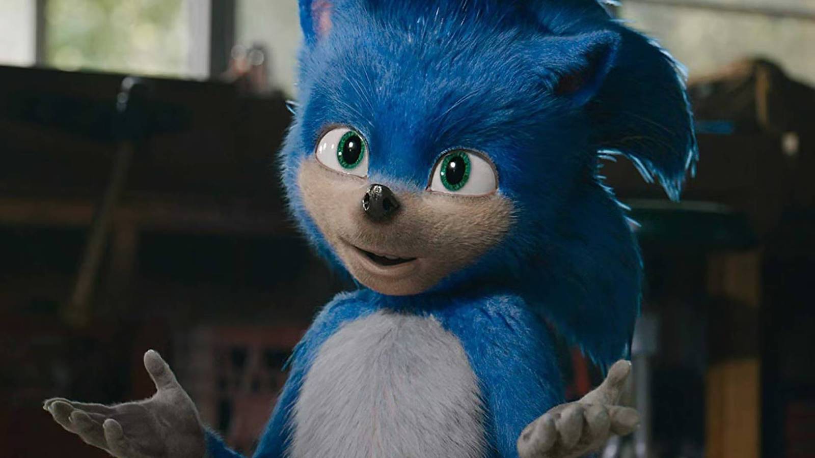The early version of Sonic in the Sonic the Hedgehog movie gesturing with his hands.