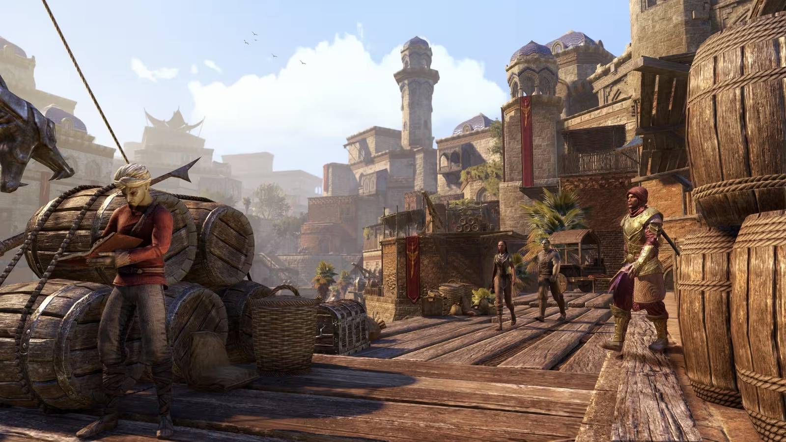 The Elder Scrolls Online NPCs walking along a dock in Hammerfell.