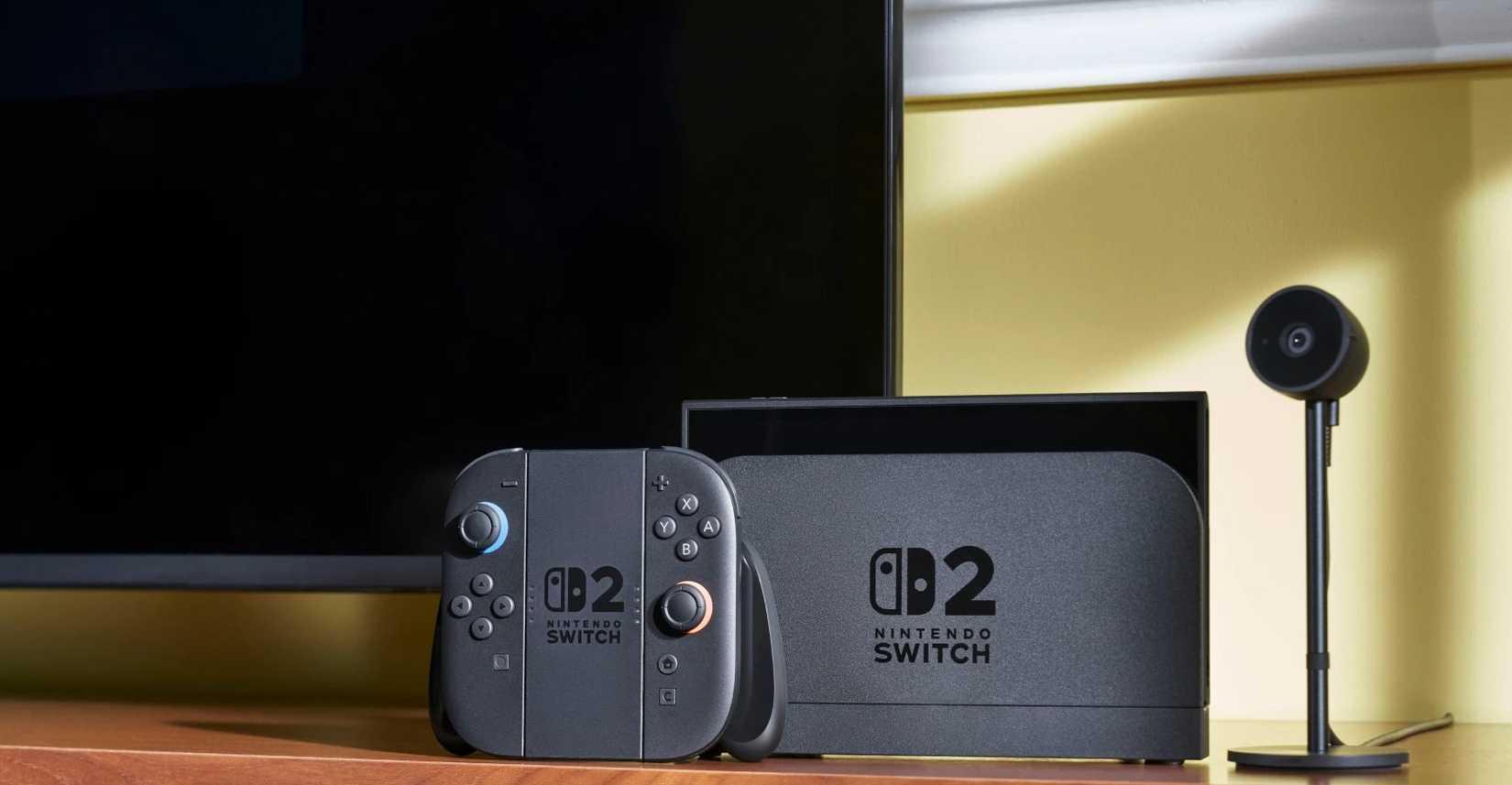 The Nintendo Switch 2 console beside a TV.