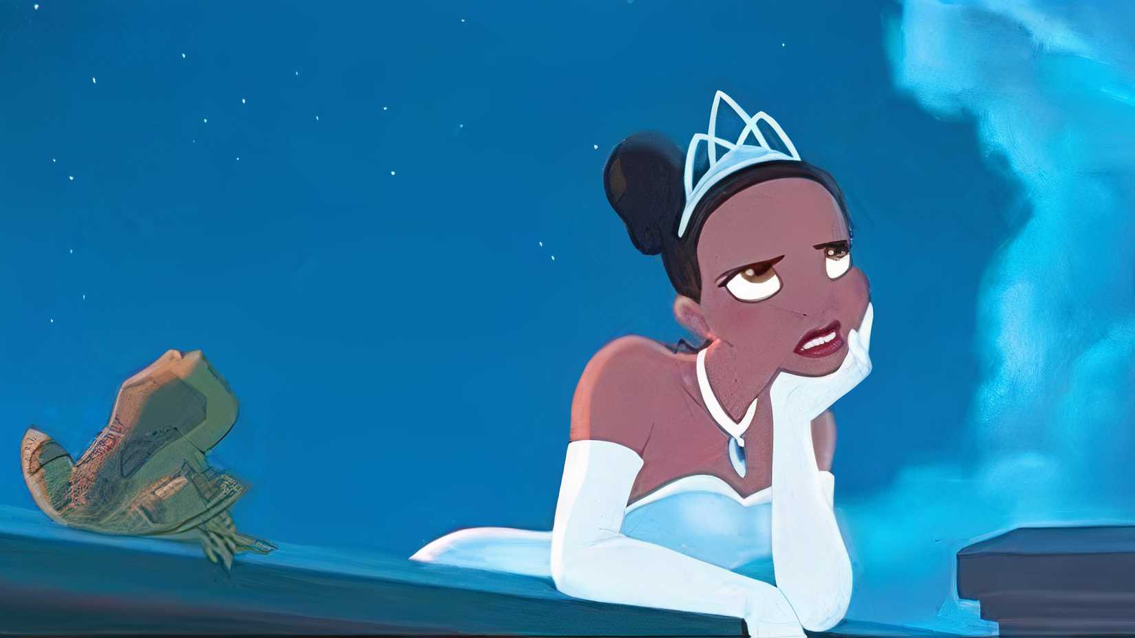 Tiana as a princess with a frog next to her leaning against a wall and looking annoyed.
