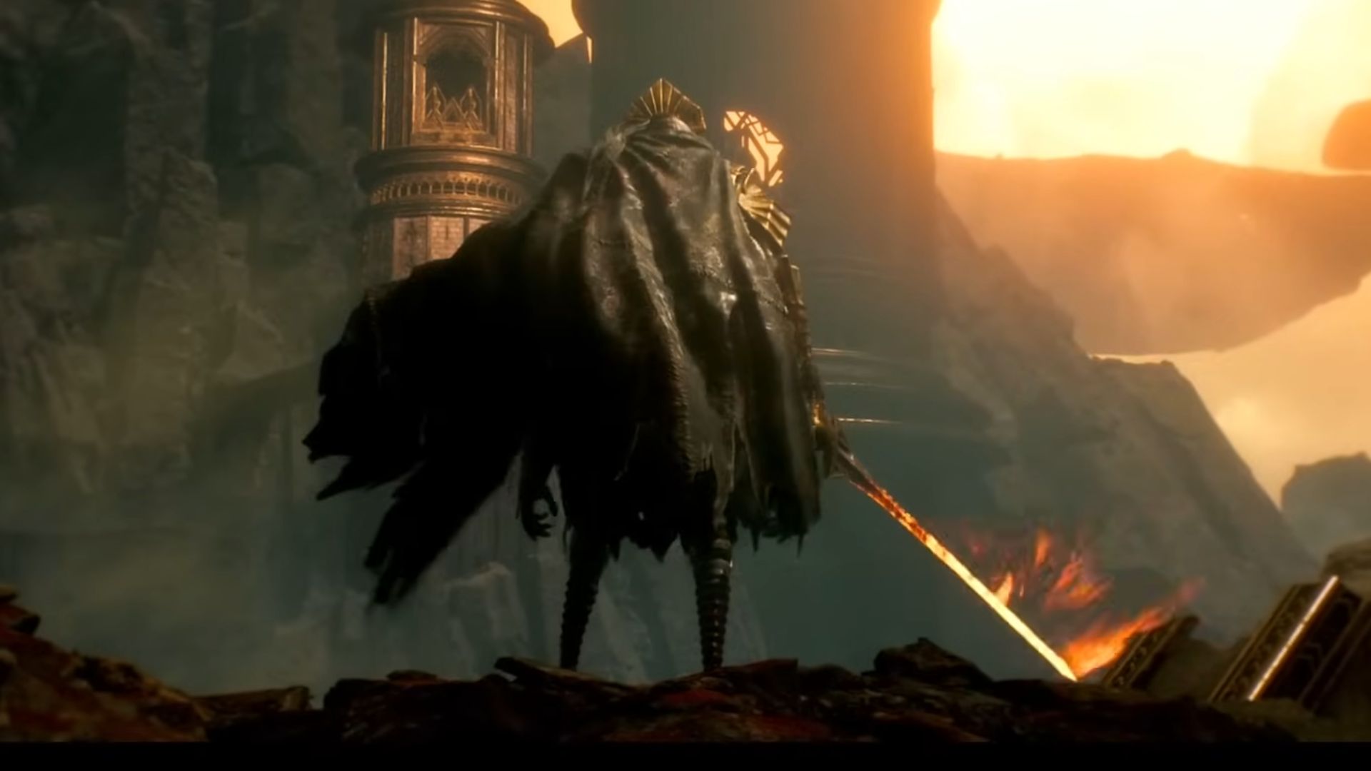 dualliste looking down with a flaming sword and his cape on show.