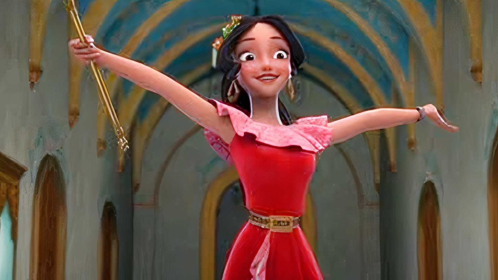 Waist-up shot of Elena holding a staff with wide arms at a temple.