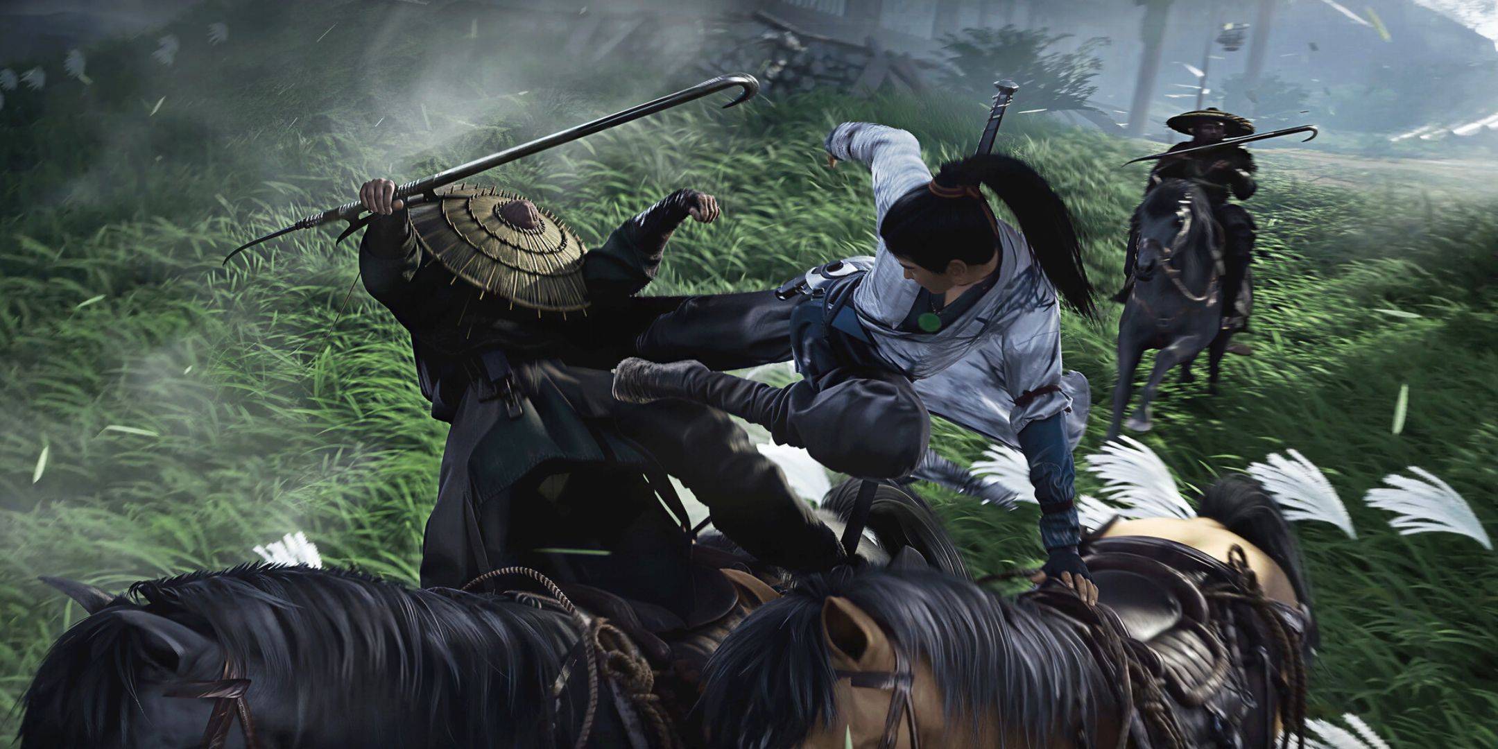 A player kicking a guard off a horse in Where Winds Meet.