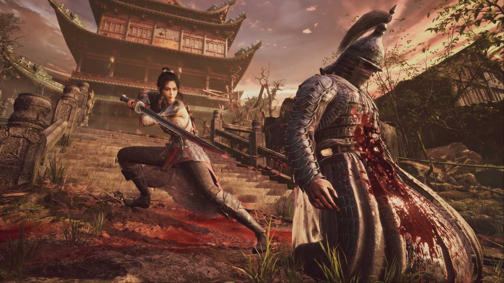 Wuchang: Bai Wuchang performing a backstab execution on a Ming general in Fallen Feathers.