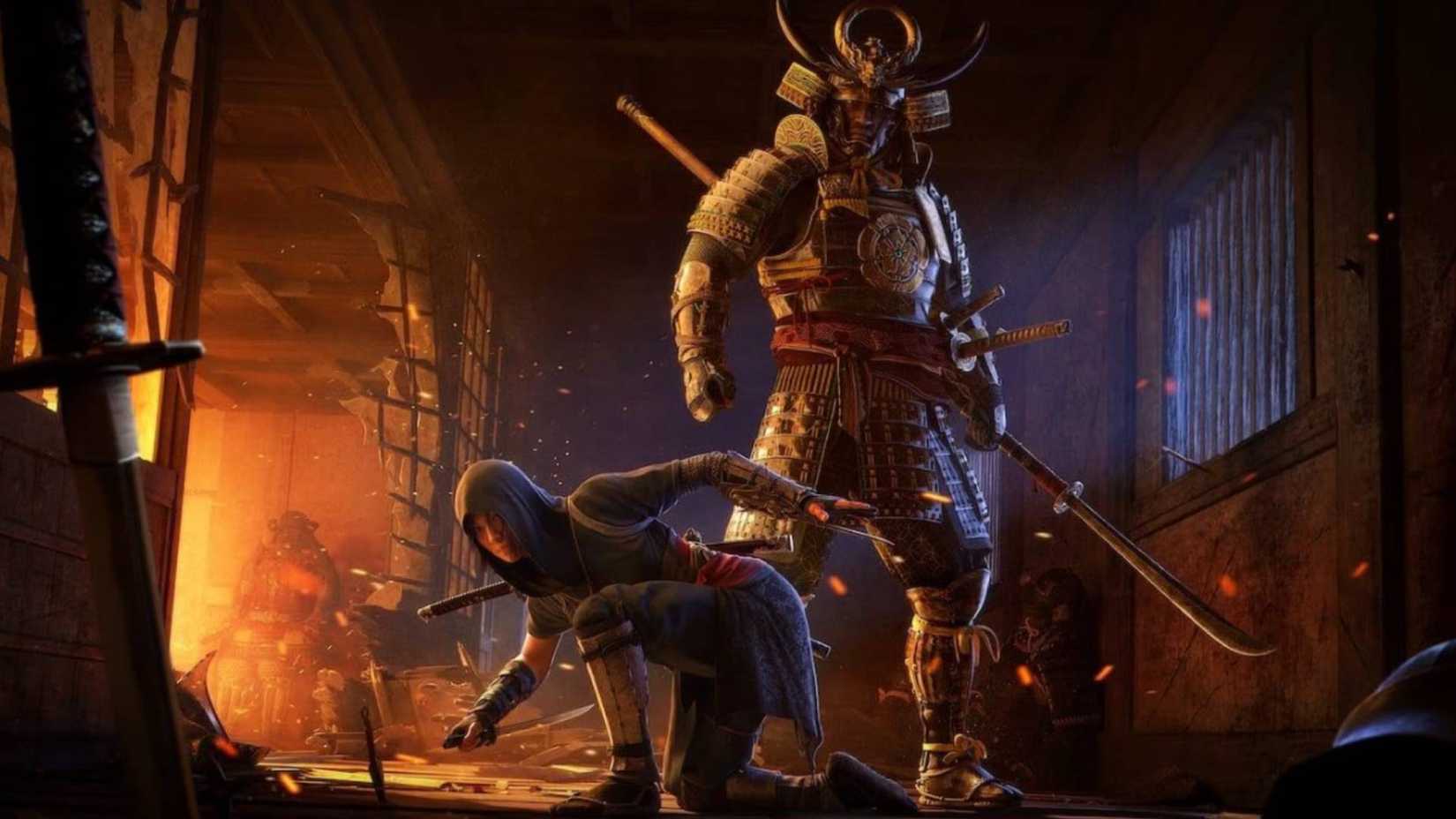 Yasuke and Naoe from Assassin's Creed Shadows next to a burning building.
