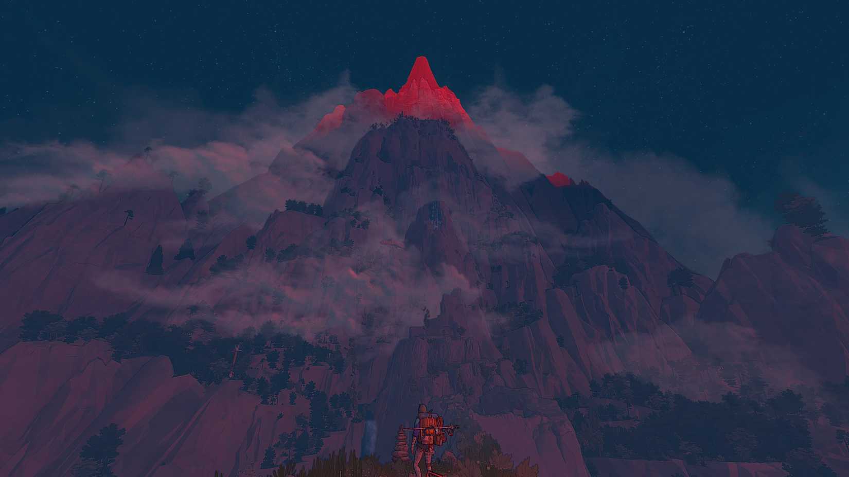 Aava begins to walk up the main mountain of the Cairn. 