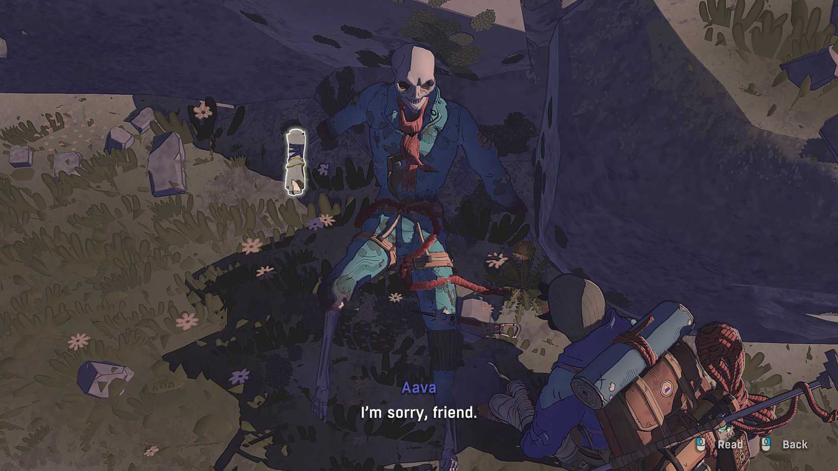 Aava encounters a dead body at the beginning of the Cairn. 