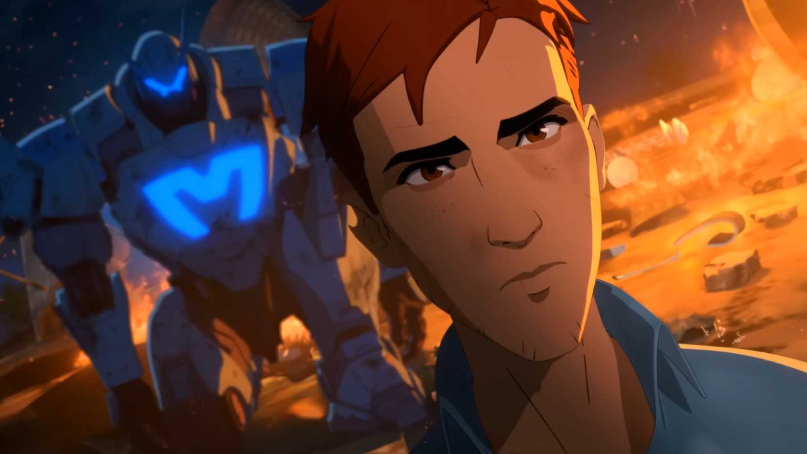 A close up of Robert and his mech in the background.