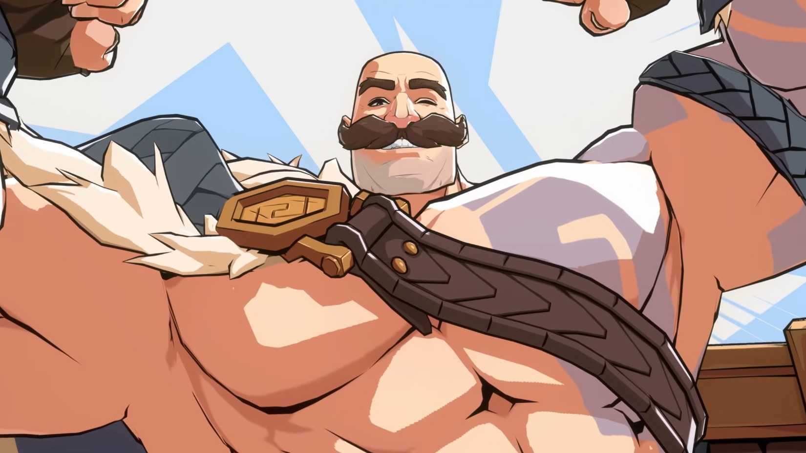 A big muscular man winking at the camera.