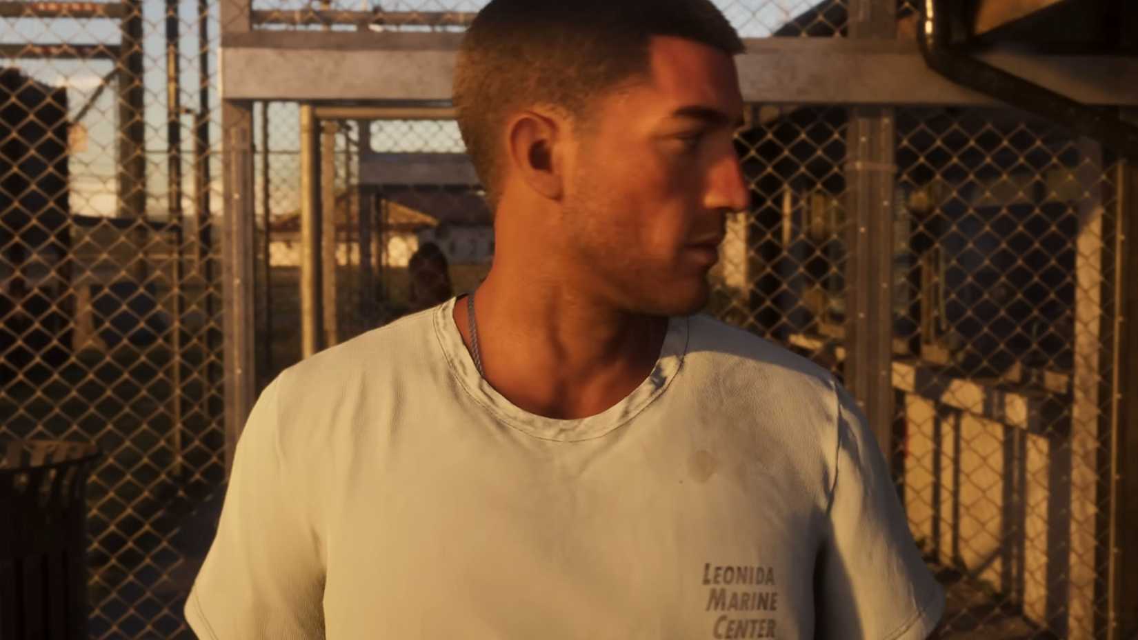 A shot of Jason in the latest GTA 6 trailer, showing him wearing a stained white shirt.